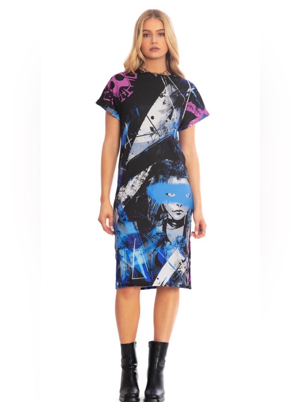 Blackmilk x Arcane: Blue Hair Riot Midi Tee Dress